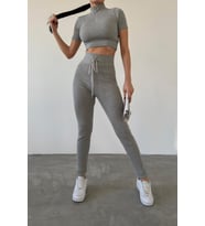 Nare Gri Pantolon Crop Bluz Alt Üst Takım (Gri)