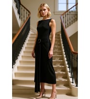 Kadın Kayık Yaka Kolsuz Bodycon Kalıp Düz Maxi Elbise Aksesuar Detaylı Örme Kumaş Kaliteli