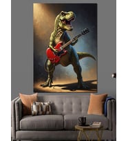 Gitar Çalan Rockçı T-Rex Dinozor Dekoratif Kanvas - Mdf Ahşap Tablo