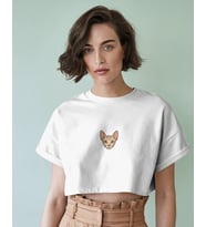 Minimal Sphynx Kedi Baskılı Beyaz Crop Tişört Kadın Rahat Kalıp