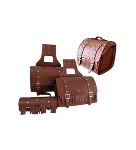 Motosiklet 4'lü Set Takım Deri Yan Heybe Sosis ve Arka Çanta Chopper Kahverengi Model Motor Çantası