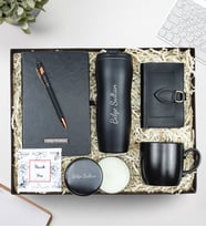Kişiye Özel Siyah Defter & Siyah Rose Gold Tükenmez Kalem &  Klasik Model 400 ML Siyah Çelik Termos & Siyah Kupa & Siyah Yumuşak Deri Kartlık Cüzdan & Siyah Metal Kutulu Mum Hediye Seti