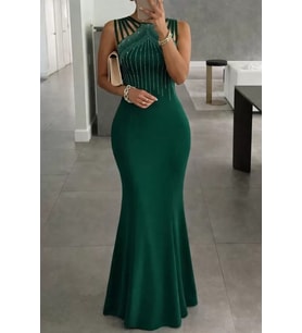 Kadın Omuz çoklu Askılı önü Taş Işlemeli Balık Kesim Janjan Krep Maxi Boy Elbise (Yeşil)