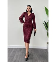 Saçaklı Pul Payet Kumaş Kalem Elbise - BORDO