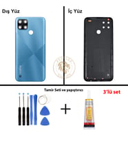 Oppo KAPAK Vida Seti + Yapıştırıcı Realme C21Y Mavi Yapıştırıcı B-7000 Yapıştırıcı Vida Seti Arka Kapak Arka Cam Batarya Kapağı Lazer Kesim Kapak Pil Kapağı Back Cover