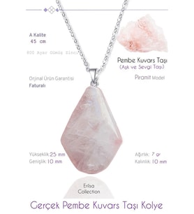 Sertifikalı Piramit Model Gerçek Pembe Kuvars Taşı Kolye (Çok Renkli)