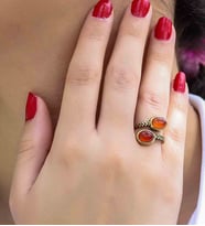 Doğal Taş Akik Oval İkili Doğal Taşlı Antik Model Kadın Ayarlanabillir Yüzük euy75a (Kırmızı)