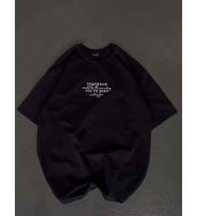 Unisex Bisiklet Yaka Baskılı Oversize T-Shirt - Siyah