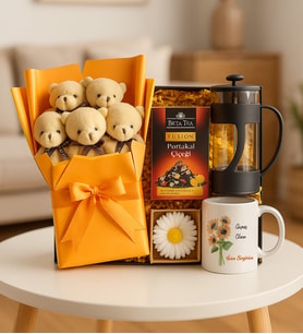 Ayıcık Buketi & French Press & Beta Tea & Kupa & Mum Geçmiş Olsun Hediye Seti