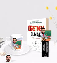 BK Gift Kişiye Özel Erkek Öğretmen Karikatürlü Türk Kahvesi Fincanı Ahşap Kitap Ayracı ve Öğretmen Olmak Kitabı Hediye Seti
