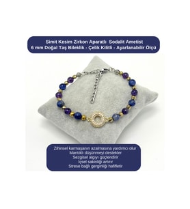 SERTİFİKALI Simit Kesim Zirkon - Sodalit - Ametist - 6mm Doğal Taş Bileklik - Ayarlanabilir Ölçü