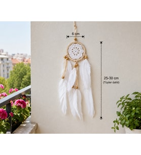 El Yapımı Beyaz Mini Düş Kapanı – Bohem Duvar Süsü Doğal Tüylü Rüya Yakalayıcı