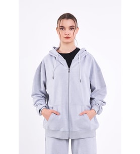 Gri Kanguru Cepli Kapüşonlu Fermuarlı Oversize Kadın Sweatshirt CMRB73-Gri