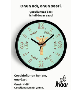 İsme Özel Sevimli Zürafa Çocuk Odası Duvar Saati Orta Boy 30 cm Siyah Camlı Sessiz