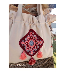 Büzgülü, Bordo Otantik  Kare Motifli Tote Bez Omuz Çantası