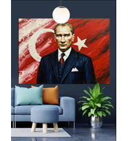 Bayrak Önünde Atatürk Portre Dekoratif Kanvas - Mdf Ahşap Tablo