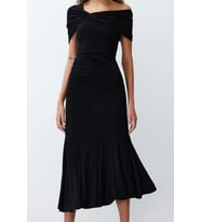 Moda Stil Fitted Asimetrik Yaka Midi Boy Örme Şık Abiye Elbise (Siyah)