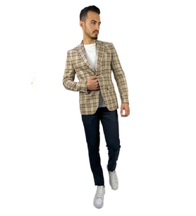 Bej Ekose Blazer Tek Ceket Sivri Yaka Regular Fit  Agustini