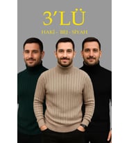 Erkek Fitilli Triko Kazak 3lÜ Set Bej Haki Siyah Regular Balıkcı Yaka Tam Boğazlı Triko Seti Modeli Kazak