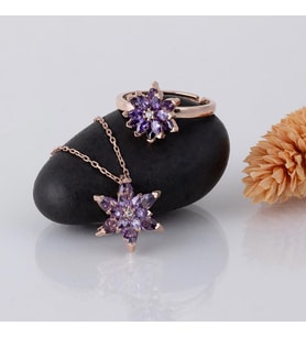 Gümüş Pazarım Ametist Taşlı Lotus Çiçeği Gümüş Kolye Yüzük Set (Mor)