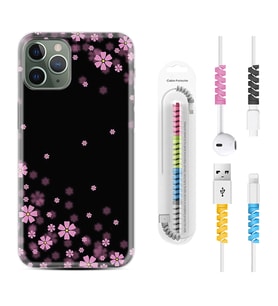 Apple iPhone 11 12 13 14 Pro Max Kılıf Kablo Koruma Spiral Silikon Black flowers 1391
