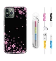 Apple iPhone 11 12 13 14 Pro Max Kılıf Kablo Koruma Spiral Silikon Black flowers 1391