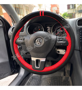 Vw Transporter T5.1 Dikme Direksiyon Kılıfı Parlak Siyah Kırmızı Detaylı Kırmızı Çift Yüzük ve Dikiş 2009-2015