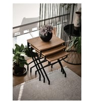 Modern Estetik Minimalist Çok Amaçlı Siyah Metal Ayak 3'lü Doğal Ahşap Zigon Sehpa