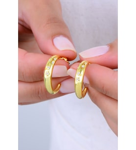 Gümüş altın yaldızlı zirkon taşlı ay ve yıldız desenli halka küpe SGTL12993GOLD