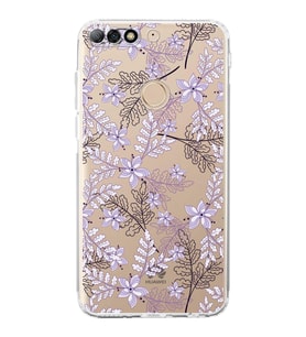PrintiFy Huawei Y7 2018 Uyumlu Kamera Korumalı Floral Lila Tasarımlı Şeffaf Silikon Kılıf