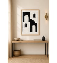 Merdivenli Cephe Linocut Mimari Ahşap Çerçeveli Duvar Tablosu