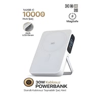 10000mAh 30W Hızlı Şarjlı Dijital Göstergeli Taşınabilir Kablosuz Magsafe Powerbank Beyaz (Beyaz Dama)