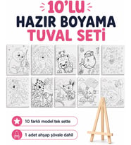10’lu Hazır Boyama Tuval Seti – Çocuklar İçin Desenli Tuval ve Ahşap Şövale Seti