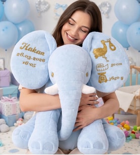 Kişiye Özel İsimli Bebek Hediyesi Peluş Oyuncak Fil İlk Anı, Doğum Hediyesi - Anneye Eşe, Erkek Yeni Doğan Hastane Hediyelik (A. Mavi)