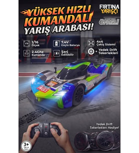 Fırtına Yarışçı Öfkeli 1/16 Ölçek Şarjlı Kumandalı Drift Yarış Arabası (4x4, 30km/s Hız, LED Işıklı)