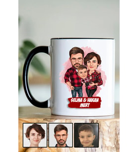 Üç Kişilik Aileye İlginç Hediye Karikatürlü Siyah Kupa Bardak