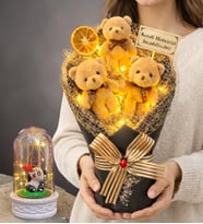Size Özel Büyük Boy Işıklı Peluş Ayıcık Buketi ve Işıklı Biblolu Fanus Hediye Seti (Model 7)