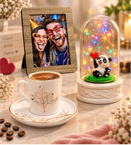 Kişiye Özel Fotoğraflı Hayat Ağacı Porselen Kahve Fincanı ve Renkli LED Panda Biblolu Fanus