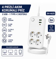 SH-4629 4'lü USB Type-C Akım Korumalı Priz