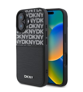 Apple iPhone 16 Uyumlu Kılıf DKNY Orjinal Lisanslı Kartlıklı 3D Yazılı Repeat Texture Pattern Kapak (Siyah)