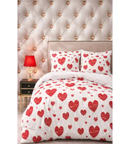 More Home  Çift Kişilik Yorgan Kılıfı + Yastık Kılıfı   Kalp Desenli Beyaz Kırmızı