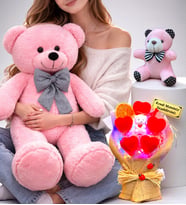 Pembe Büyük Peluş Ayıcık, Kişiye Özel Led Işıklı Buket ve Anahtarlık Seti (Model 4)