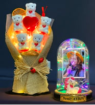 Kişiye Özel Renkli Led Işıklı Fanus ve Led Işıklı Ayıcık Buketi Hediye Seti (Model 10)