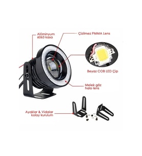 Mercekli Angel Led Halkalı Sis Far Gövde Su Geçirmez Angel Beyaz 89mm
