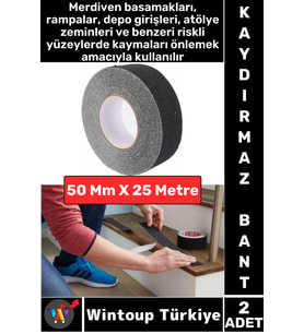 Ultra Güçlü Yapışkan İSG İş Yeri Kaygan Zemin Merdiven Siyah Kaydırmaz Bant 50 Mm X 25 Metre 2 Adet