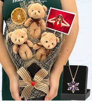 Kişiye Özel Fotoğraflı Büyük Boy 3'lü Peluş Ayıcık Buketi ve Gerçek Ametist Taşlı Lotus Kolye (Model 5)