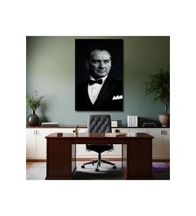 Tekli Dikey Kanvas Ofis Tablosu Siyah Beyaz Atatürk Portresi