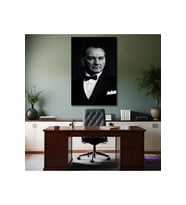Tekli Dikey Kanvas Ofis Tablosu Siyah Beyaz Atatürk Portresi