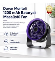 Duvar Monteli Masaüstü Fan 1200 mAh Bataryalı, 360° Ayarlanabilir, 5 Kademeli Taşınabilir Fan