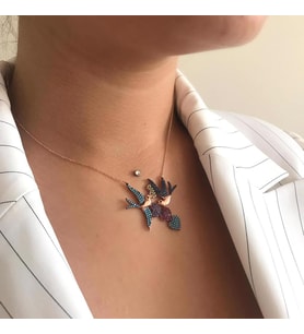 Rose Kaplama Renkli Taşlı Aşık Kuşlar Gümüş Kolye (Karışık)